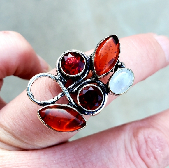 New Amber, Garnet & Rainbow Moonstone 925 Silver Ring. - Picture 10 of 16